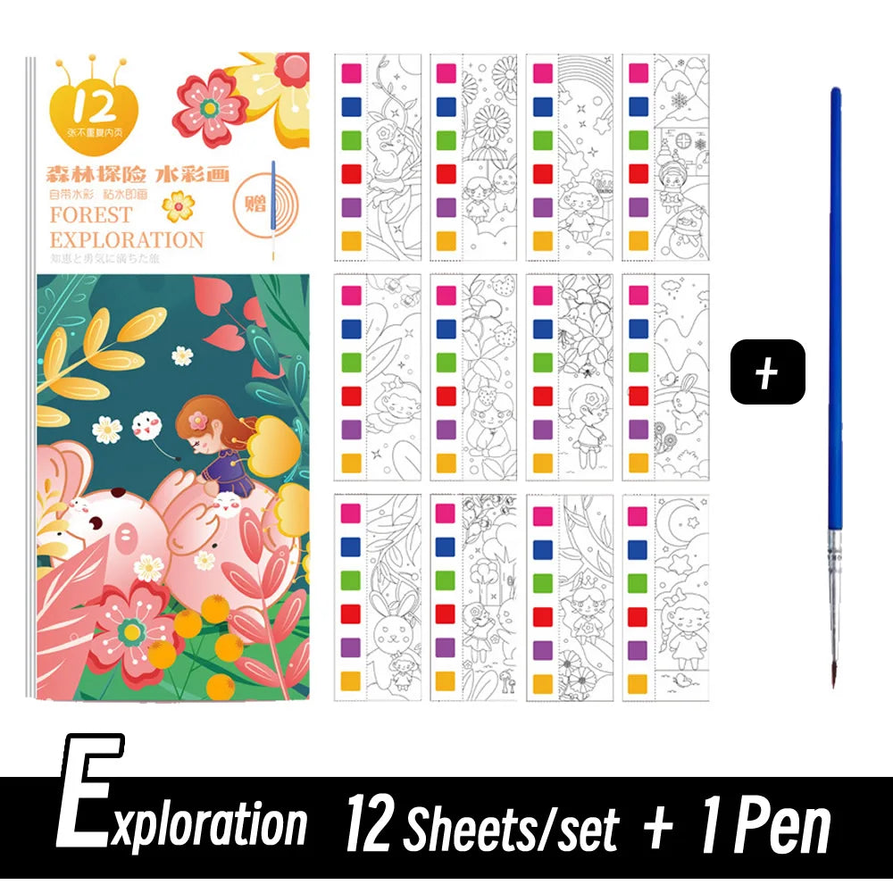 12 Sheets/Set Portable Watercolor Painting Book Coloring Book With Paint Brush Book Kids Graffiti Picture Drawing Stationery
