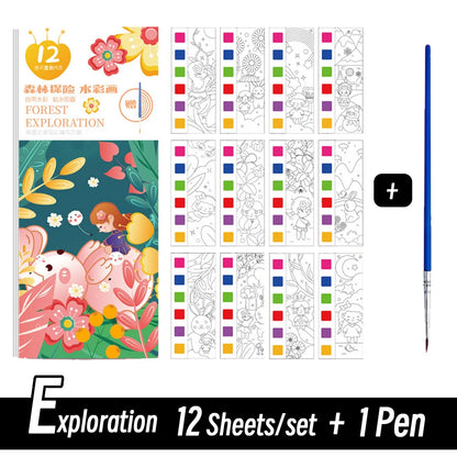 12 Sheets/Set Portable Watercolor Painting Book Coloring Book With Paint Brush Book Kids Graffiti Picture Drawing Stationery