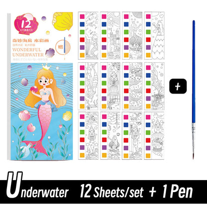 12 Sheets/Set Portable Watercolor Painting Book Coloring Book With Paint Brush Book Kids Graffiti Picture Drawing Stationery