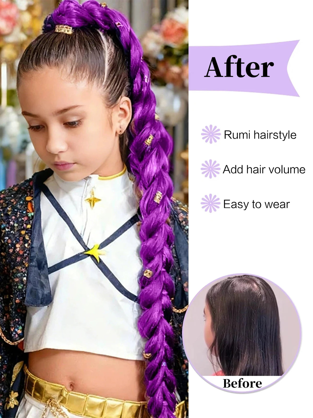 Braided Purple Hair Ponytail with Tinsel Shiny Extension 32"