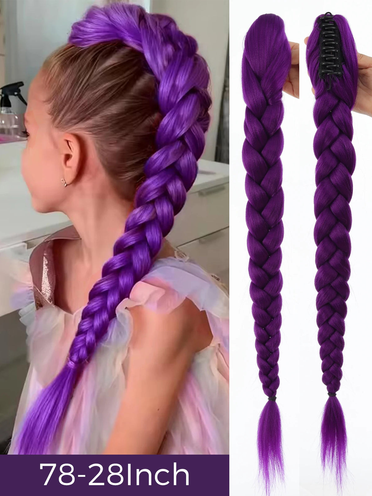 Braided Purple Hair Ponytail with Tinsel Shiny Extension 32"