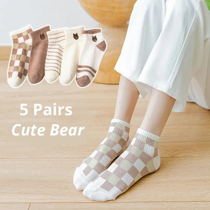 Women Short Tube Socks Pink Cat Cute Boat Socks 5 Pack