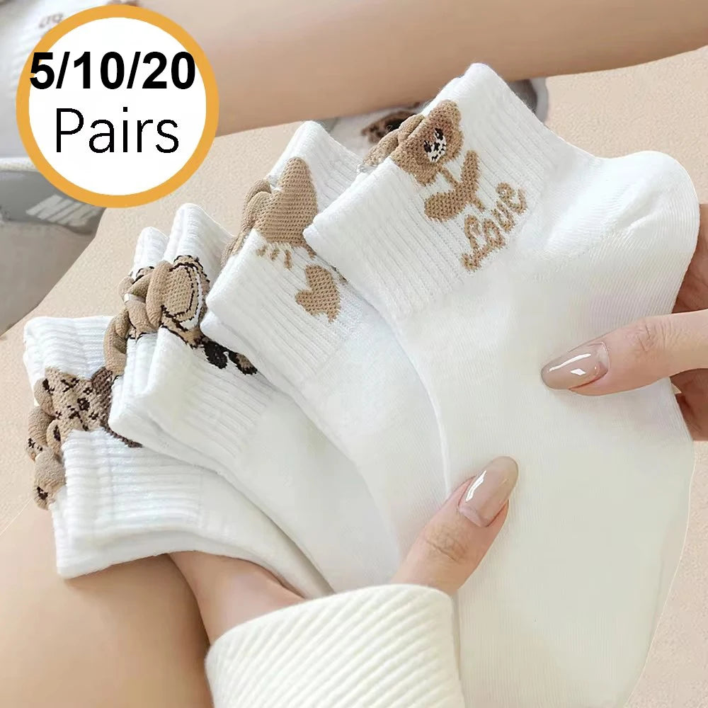 Cartoon Teddy Bear Patterned Ankle Socks Women Casual