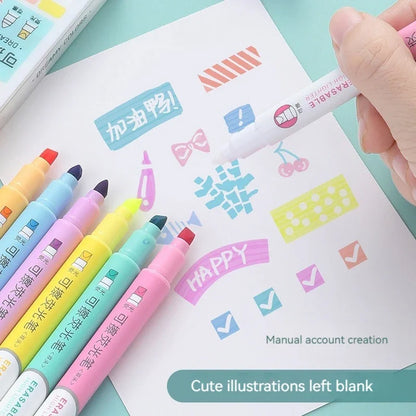 6pcs Erasable Highlighters Pastel Markers Dual Tip Fluorescent Pen for Art Drawing Doodling Marking School Office Stationery