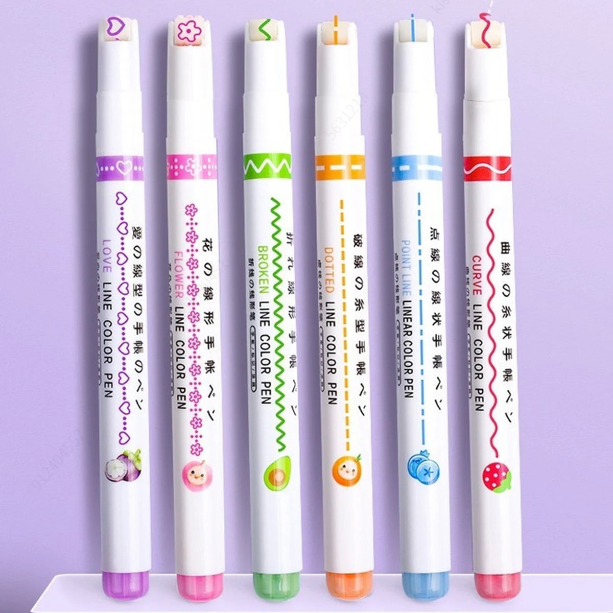 Curve Liner Highlighter Pen Set Roller Tip Pattern Markers 6Pcs