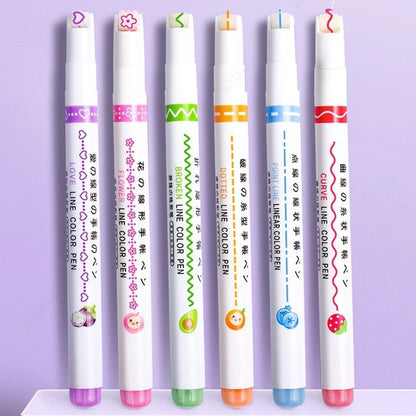 Curve Liner Highlighter Pen Set Roller Tip Pattern Markers 6Pcs