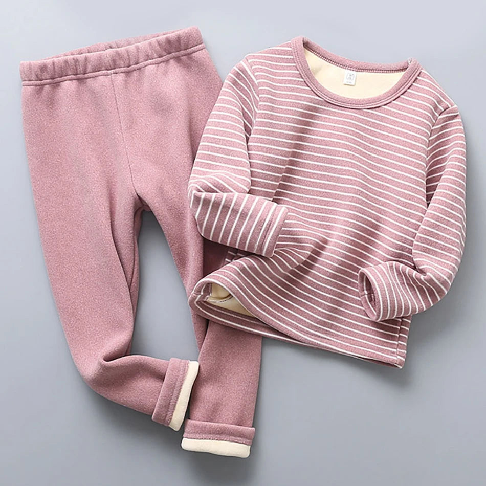 Plush Lined Children Striped Pajama Set Warm Homewear