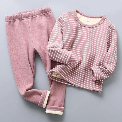 Plush Lined Children Striped Pajama Set Warm Homewear