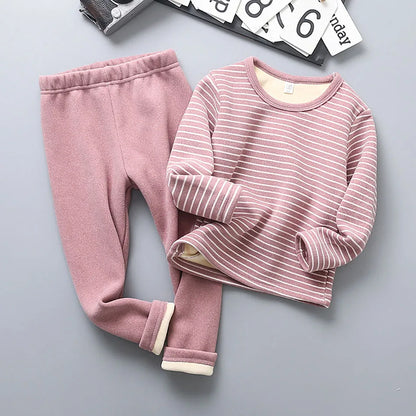 Plush Lined Children Striped Pajama Set Warm Homewear