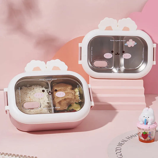 Stainless Steel Bento Box Creative Rabbit Design Divides Sealed Portable Lunch Box with Buckle for Children Student Cute Gifts