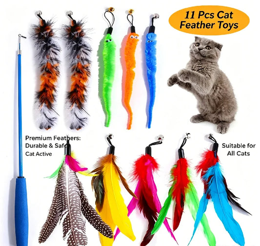 Retractable Cat Feather Wand Toy Set Teaser Stick