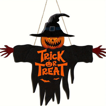 2D Trick-or-Treat Wooden Sign Monster Face Pumpkin Design Rope Hanger Porch Wall 2026 New Year Party Christmas Decor