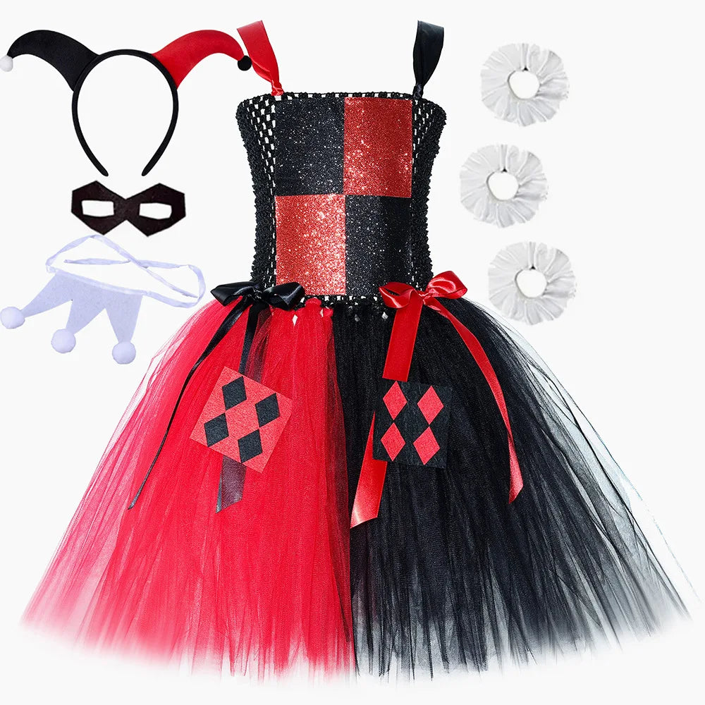 Red Black Clown Halloween Costume for Girls Circus Performance Fancy Dress for Kids Carnival Party Outfit Children Joker Clothes