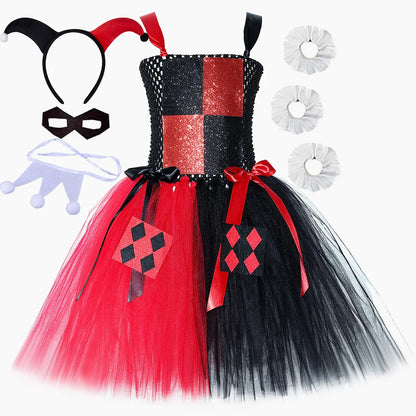 Red Black Clown Halloween Costume for Girls Circus Performance Fancy Dress for Kids Carnival Party Outfit Children Joker Clothes
