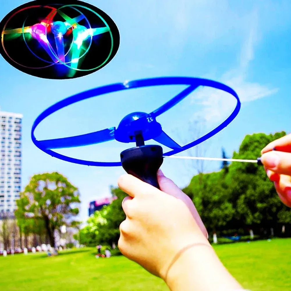LED Flying Disc Propeller Toy Pull String Luminous UFO