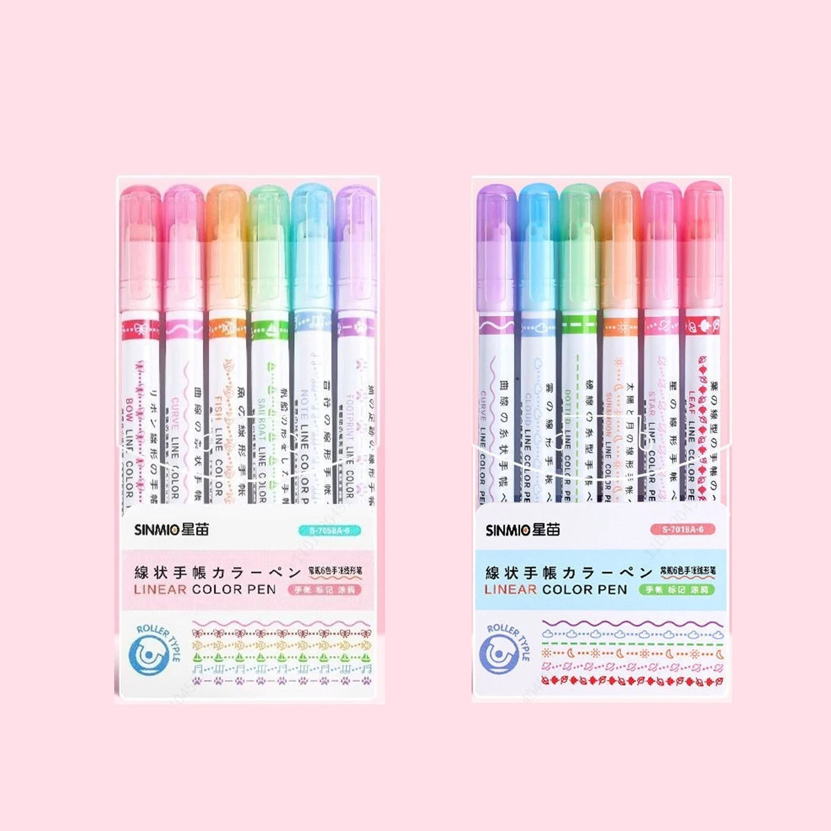 Curve Liner Highlighter Pen Set Roller Tip Pattern Markers 6Pcs