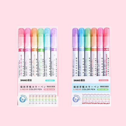 Curve Liner Highlighter Pen Set Roller Tip Pattern Markers 6Pcs