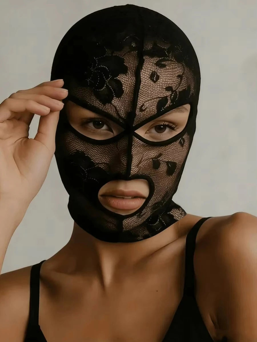 Unisex Full Face Venetian Gothic Lace Mask With Eye Mouth Openings,Black Mesh Headpiece