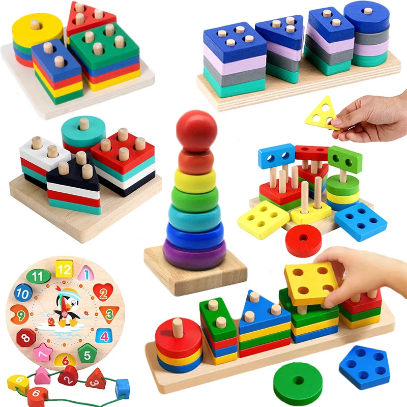 Wooden Geometric Shape Sorter Toddler Math Stacking Puzzle