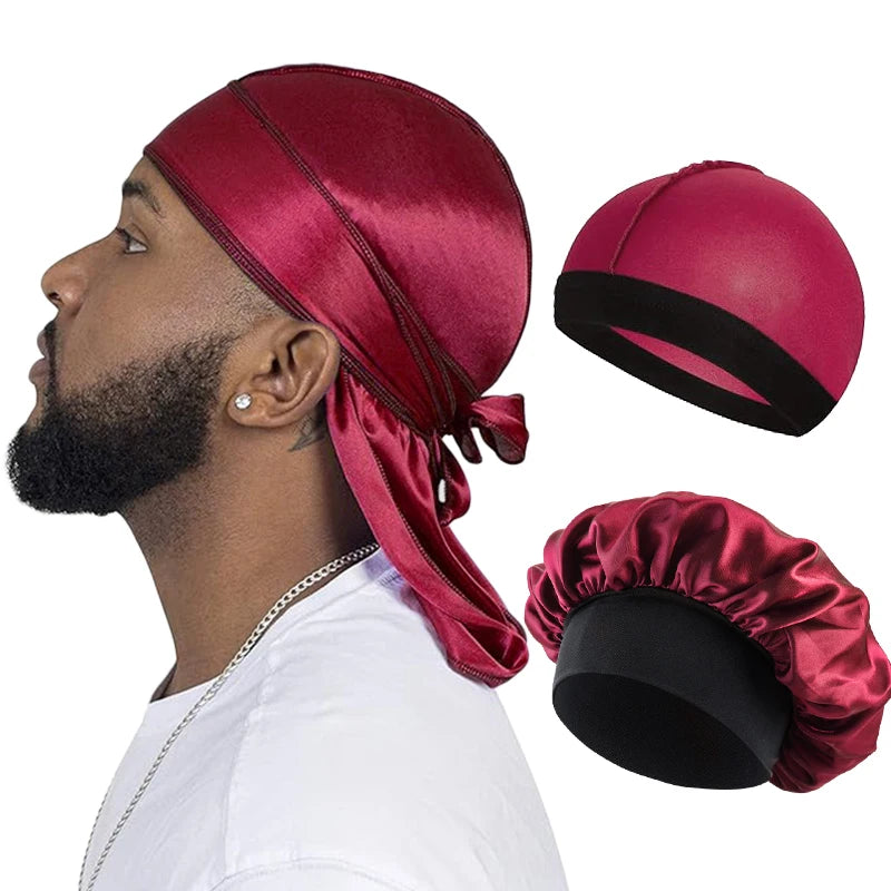 3PCS/LOT Women Men Silky Durag Long Tail Pirate Hat Elastic Bonnet Turban Dome Cap Unisex Bandanas Sleeping Shower Cap Head Wrap