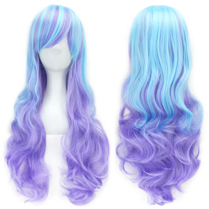 Soowee Synthetic Hair Ombre Rainbow Cosplay Wig with Bangs Red Yellow Purple Green Blue Wigs for Black Women
