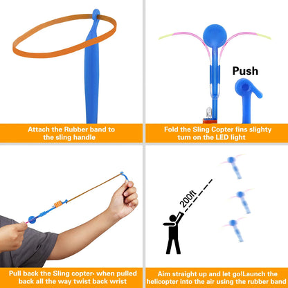LED Slingshot Rocket Helicopter Toy Flying Launcher Set
