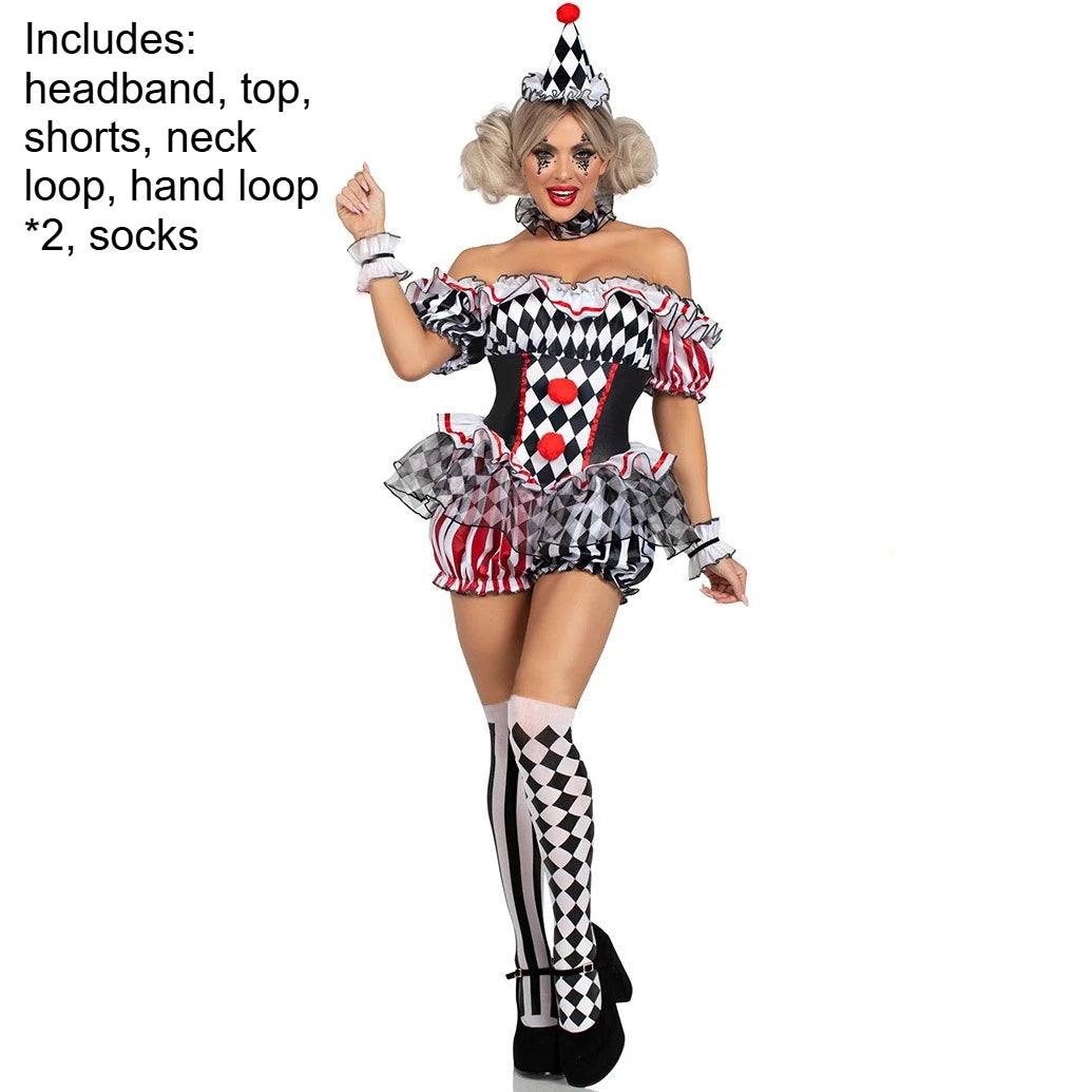 Women Clown Cosplay Costume Circus Performance Outfit Role Play Uniform Halloween Party Carnival Jester Dress Theater Stage Suit