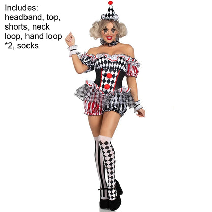 Women Clown Cosplay Costume Circus Performance Outfit Role Play Uniform Halloween Party Carnival Jester Dress Theater Stage Suit