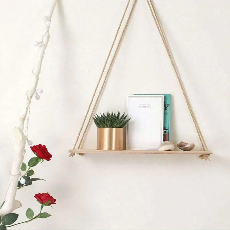 Wooden Swing Hanging Hemp Rope Shelf Floating Plant Tray