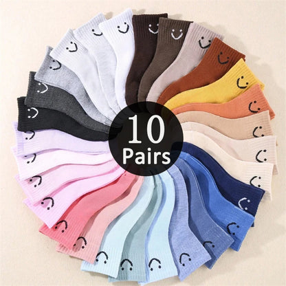 Smiling Face Pattern Children Socks 10 Pairs Solid Color