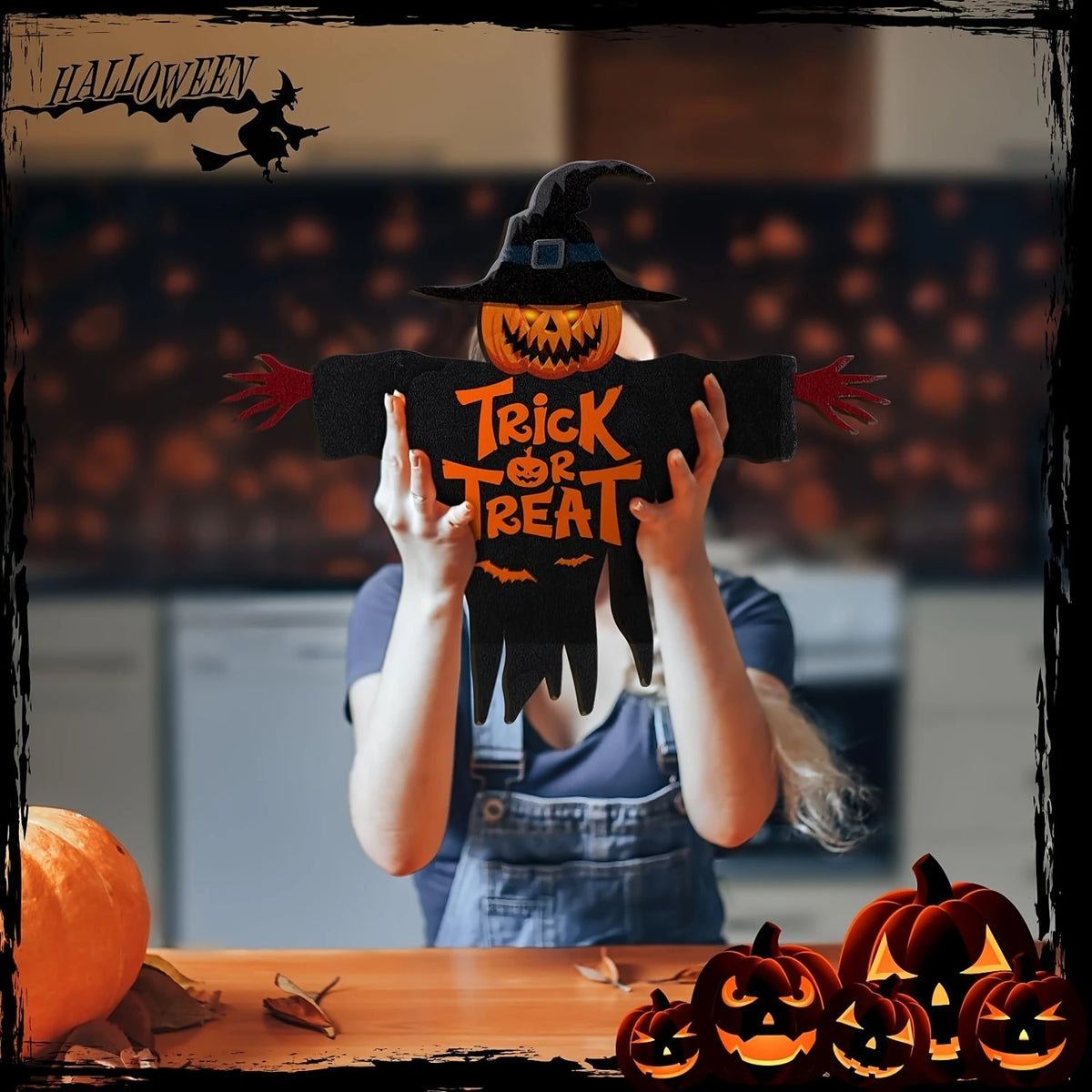 2D Trick-or-Treat Wooden Sign Monster Face Pumpkin Design Rope Hanger Porch Wall 2026 New Year Party Christmas Decor