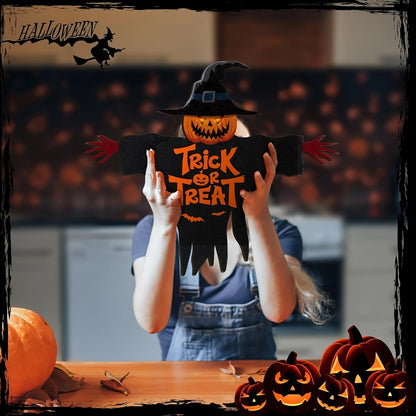 2D Trick-or-Treat Wooden Sign Monster Face Pumpkin Design Rope Hanger Porch Wall 2026 New Year Party Christmas Decor