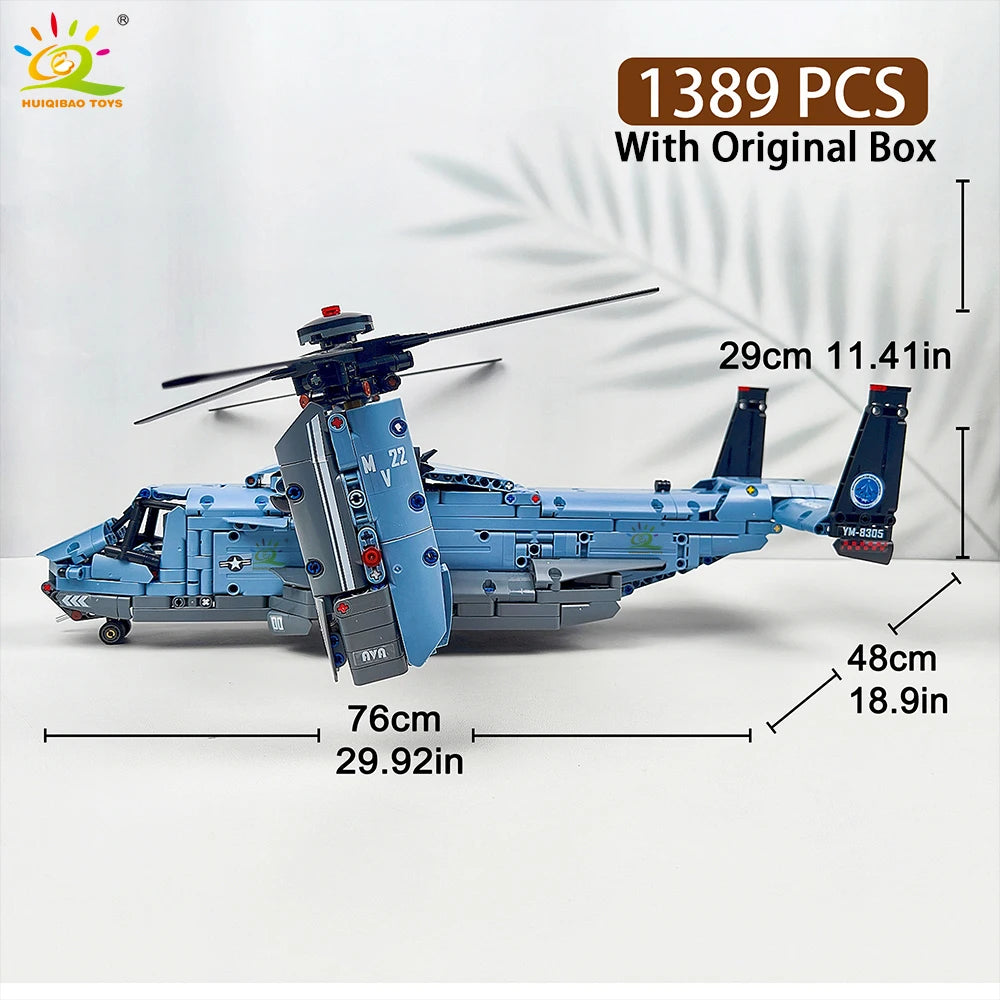 HUIQIBAO MOC 1389PCS V-22 Tiltrotor Aircraft Helicopter Building Block Children Military Airplane model Bricks Toy home Decor.
