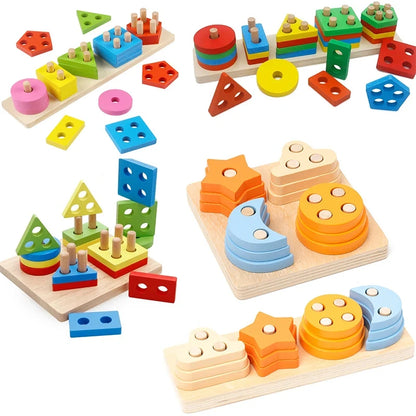 Wooden Geometric Shape Sorter Toddler Math Stacking Puzzle