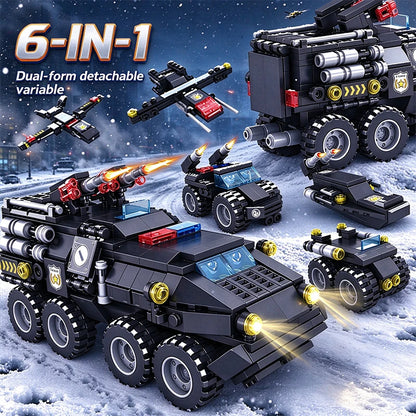 6 in 1 Military Building Blocks Tiger Police Car Armored Vehicle Aircraft Set Boys DIY Construction Toys Christmas Birthday Gift