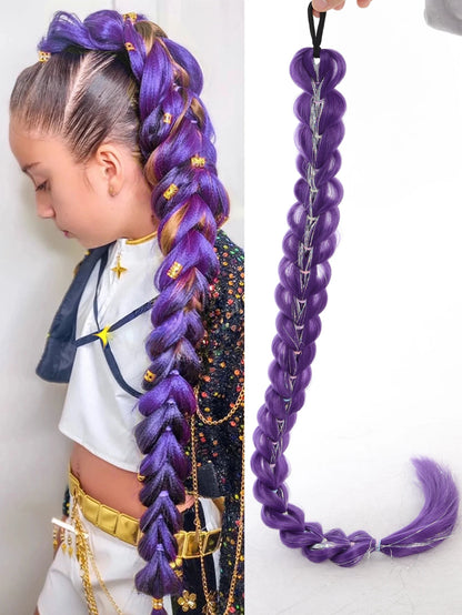 Braided Purple Hair Ponytail with Tinsel Shiny Extension 32"