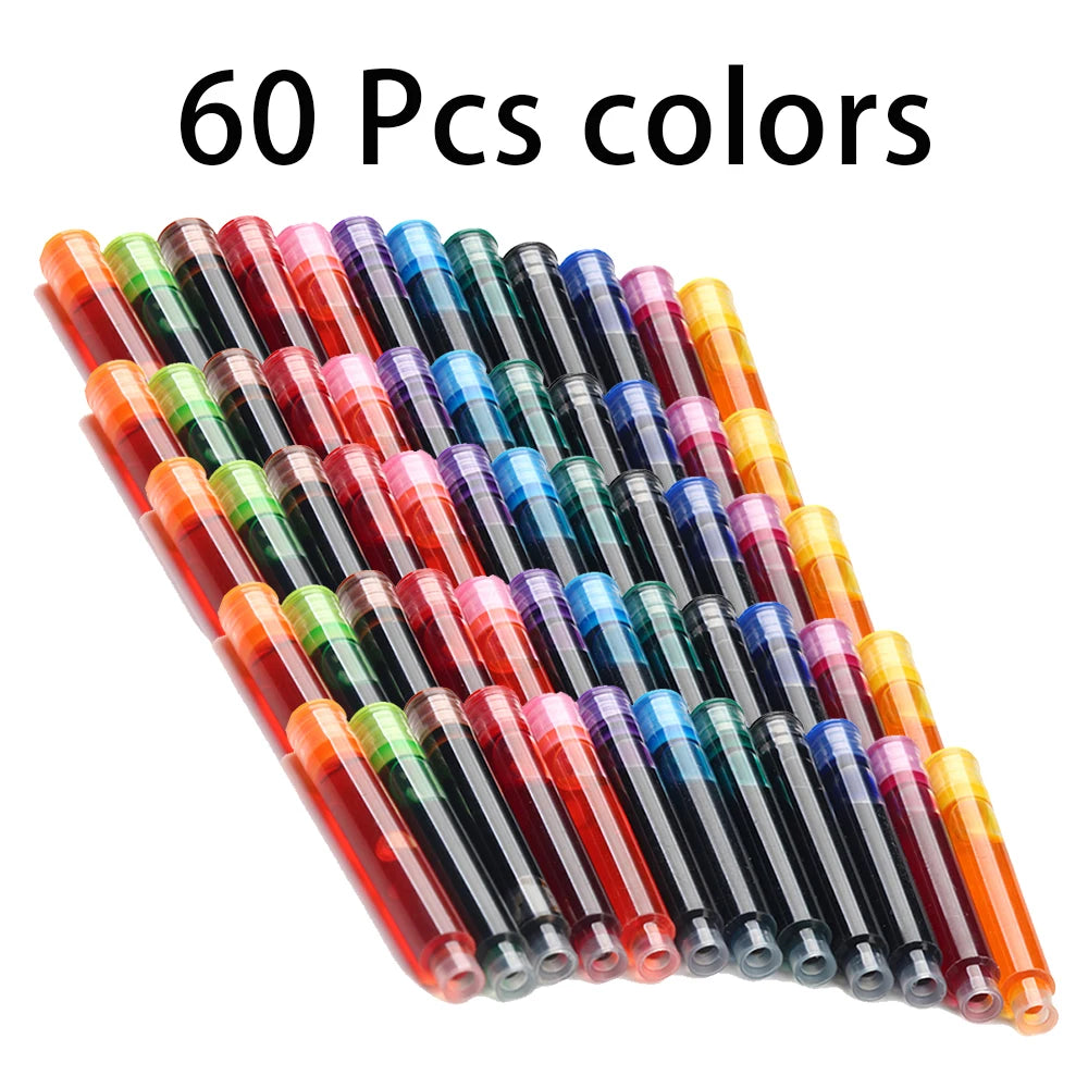 12-60PCS/Set Colourful Ink Sac Fountain Pen Ink Cartridges Refills Ink 3.4mm Refillable Refills Drawing School Office Supplies
