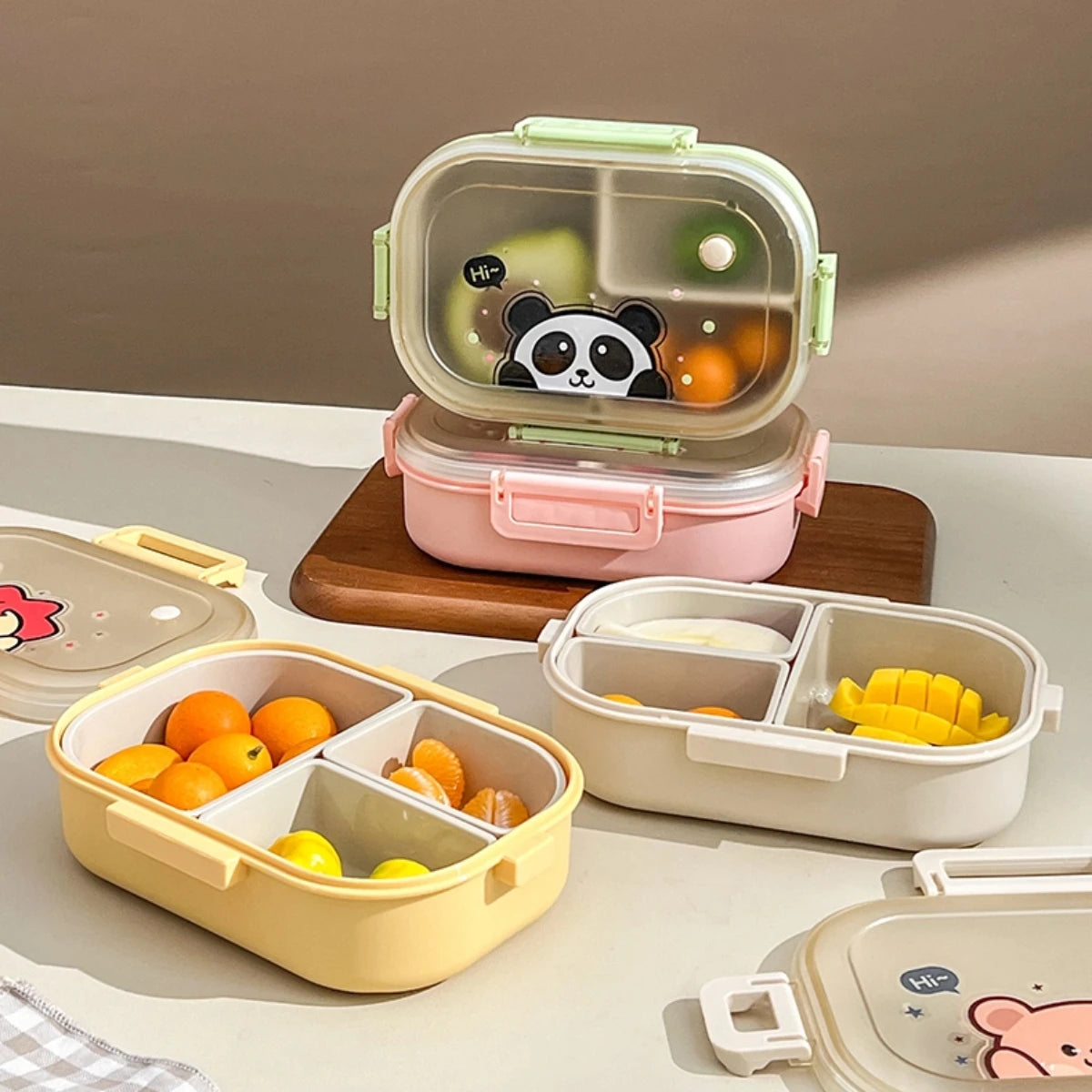 WORTHBUY Portable Plastic Lunch Box With Detachable 3-Compartments Cute Divided Food Container For Kids Students Microwave Safe