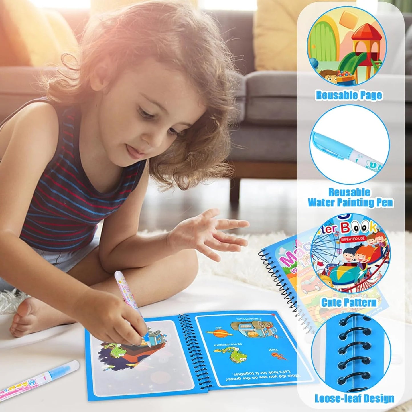 Magic Water Drawing Book Reusable Mess Free Coloring Set