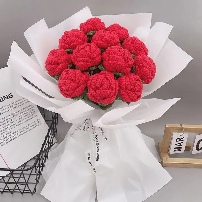 Artificial Flower Handmade Crochet Yarn Rose Wedding Bouquet