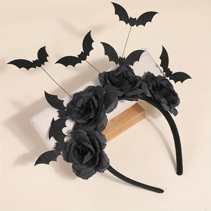 1 Piece Halloween Party Headband - Cute Witch Hat with Black Artificial Flowers, gothic Bat Clip, Dark Role-Playing Accessory