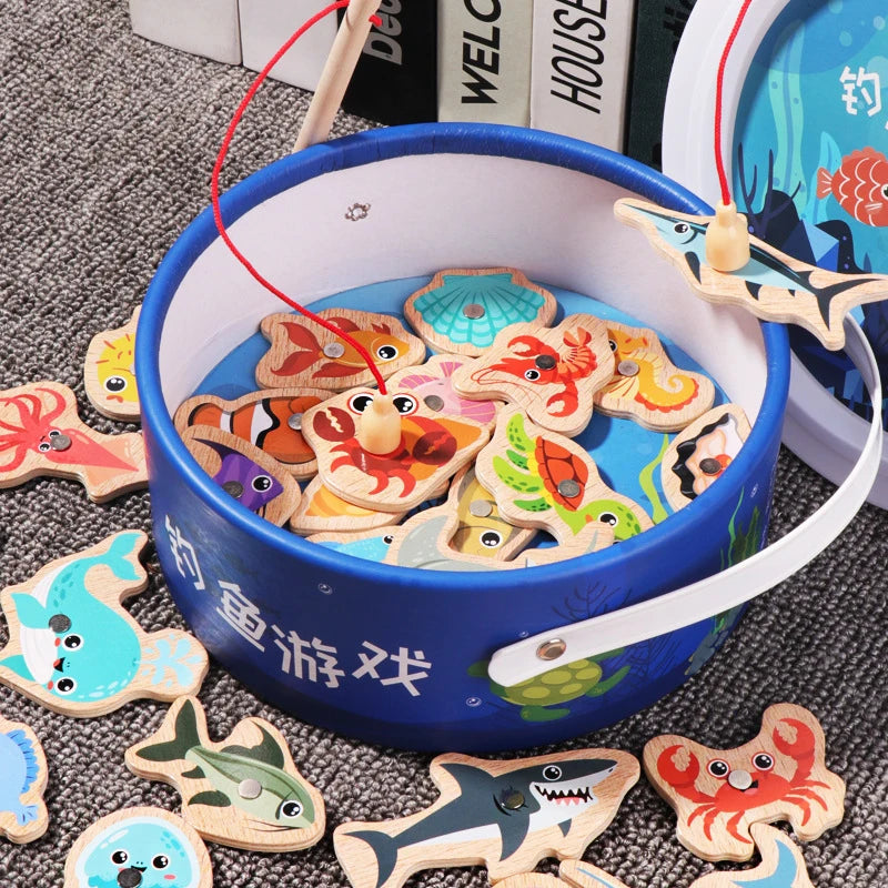 Wooden Magnetic Fishing Game Toy Marine Life Puzzle