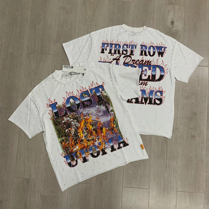 Vintage Washed Diamond Cropped Tee Streetwear Oversized T Shirt