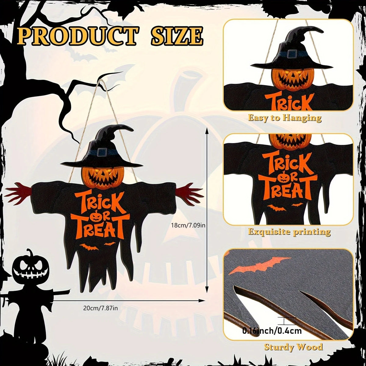 2D Trick-or-Treat Wooden Sign Monster Face Pumpkin Design Rope Hanger Porch Wall 2026 New Year Party Christmas Decor
