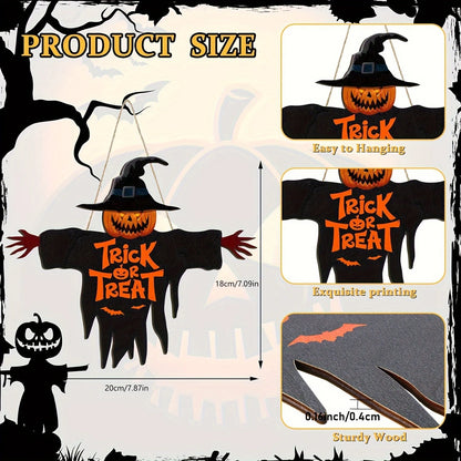 2D Trick-or-Treat Wooden Sign Monster Face Pumpkin Design Rope Hanger Porch Wall 2026 New Year Party Christmas Decor