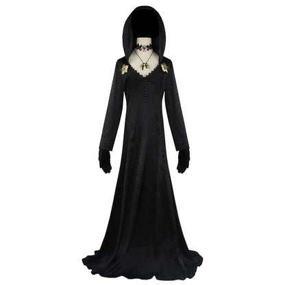 In Stock Moth Lady Evil Cosplay Fantasia Village Vampire Lady Dimitrescu Costume Women Black Dress Halloween Carnival Party Suit