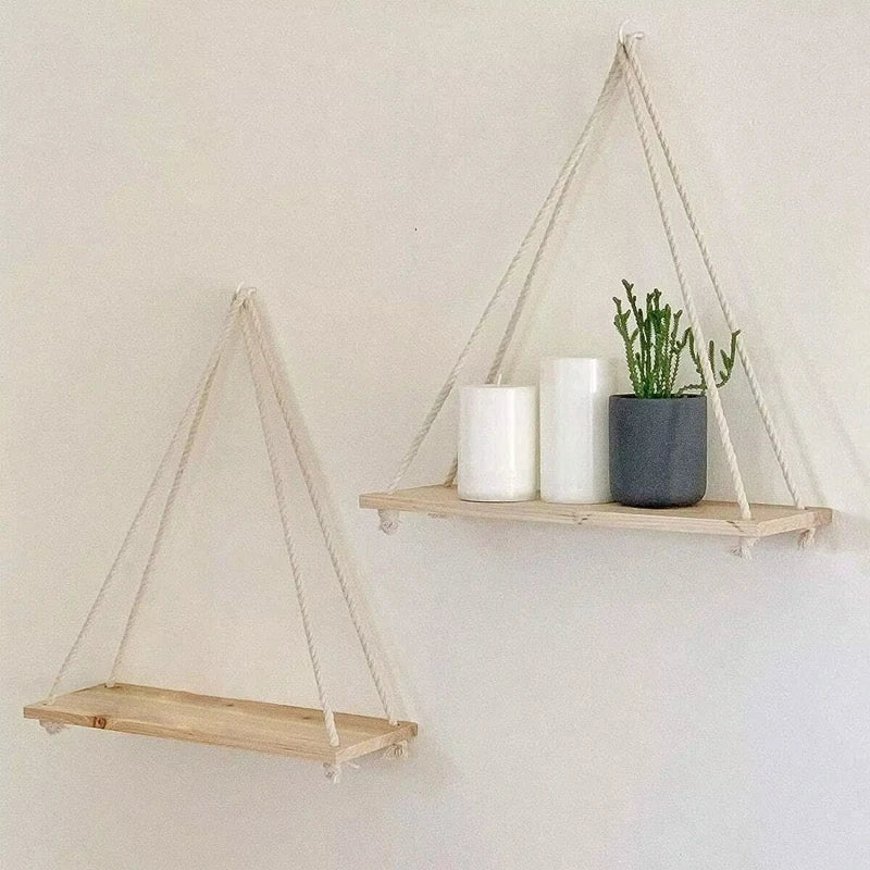 Wooden Swing Hanging Hemp Rope Shelf Floating Plant Tray