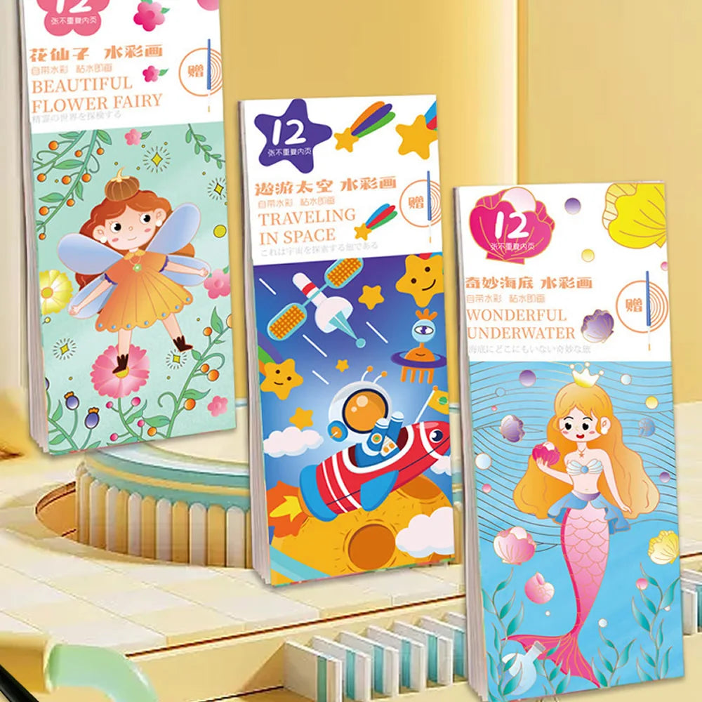 12 Sheets/Set Portable Watercolor Painting Book Coloring Book With Paint Brush Book Kids Graffiti Picture Drawing Stationery