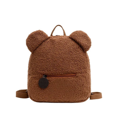 1Pcs Cute Bear Ear Fleece Small Backpack Kids Girls Casual Warm Lambswool Daypack Bag Schoolbag Rucksack for Travel Shopping