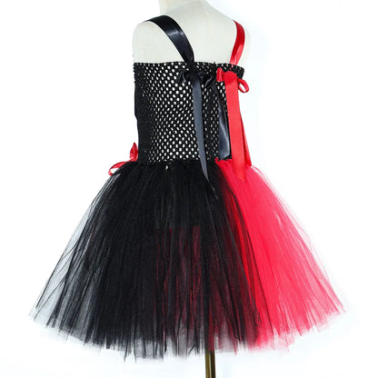 Red Black Clown Halloween Costume for Girls Circus Performance Fancy Dress for Kids Carnival Party Outfit Children Joker Clothes